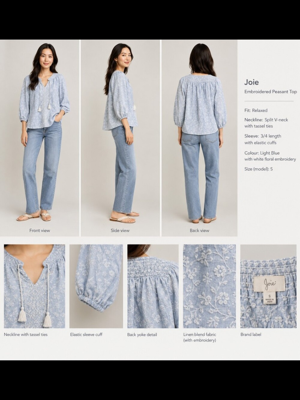 🔥Last Call🔥Joie Embroidered Linen Blend Blouse with Tassel Tie